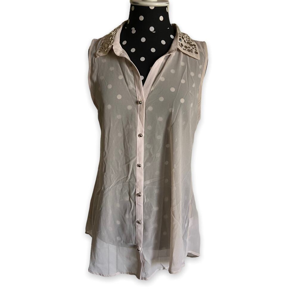 H.I.P. Womens Tank Blouse S Happening in the Present Cream Bling Collar Top NEW